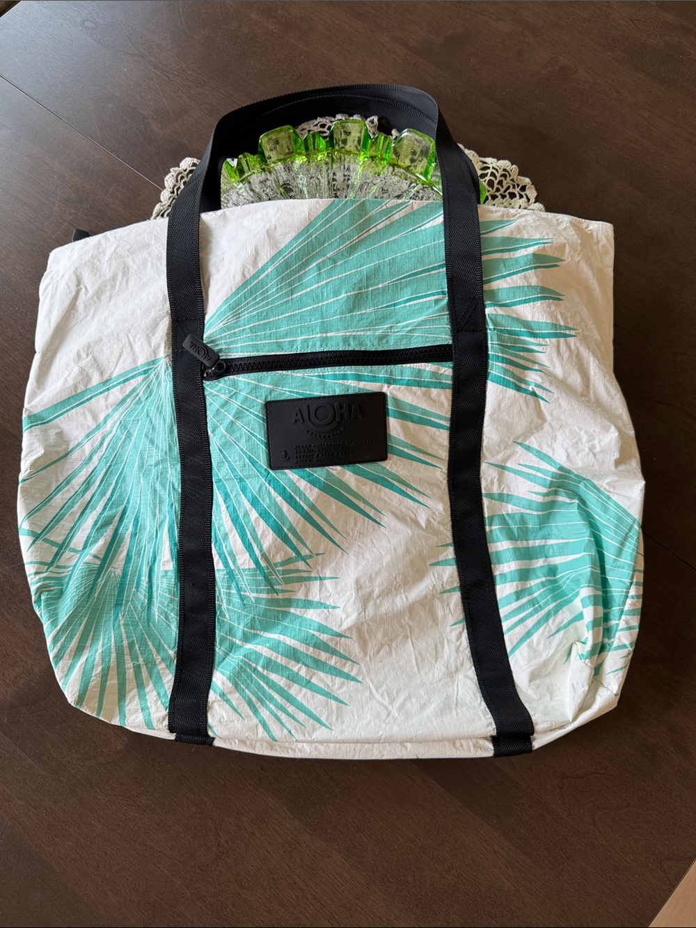 ALOHA Collection Zippered Day Tripper Tote Bag - Teal Palm Leaf Print